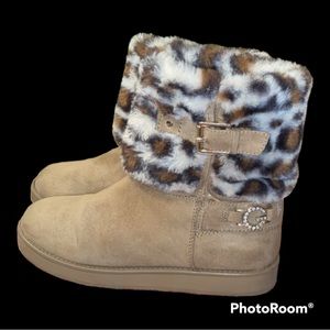 Girls GBG Los Angeles Brown Boots with Animal Print Faux Fur